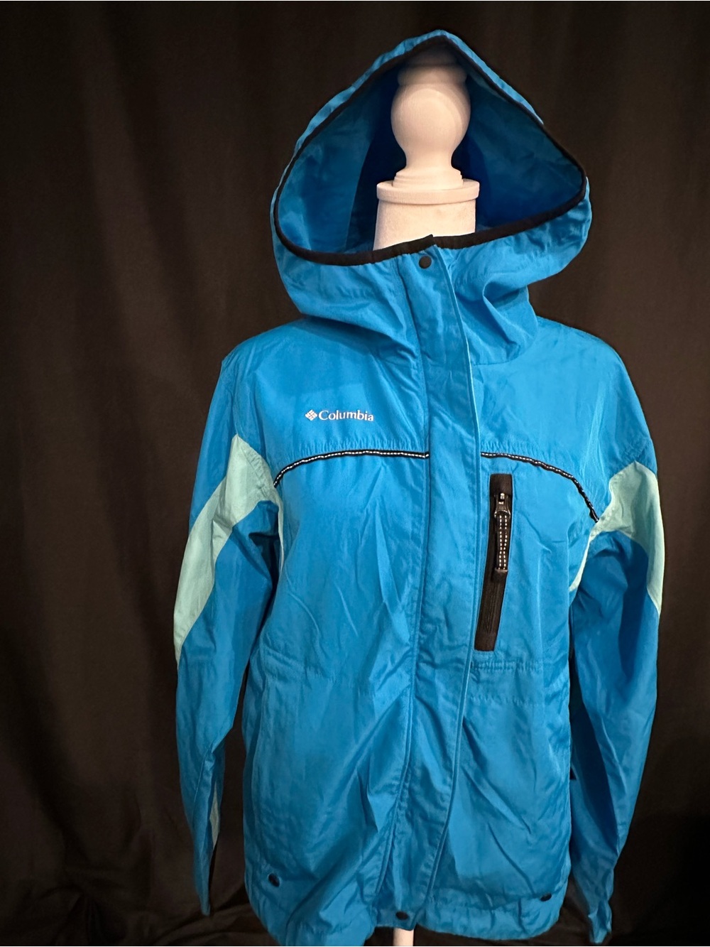 Columbia Bright Blue Hooded Rain Jacket with Aqua Accents